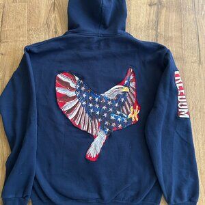 Upcycled Patriotic Freedom Eagle Hoodie – Size M Blue Zip Up Hooded USA Graphic